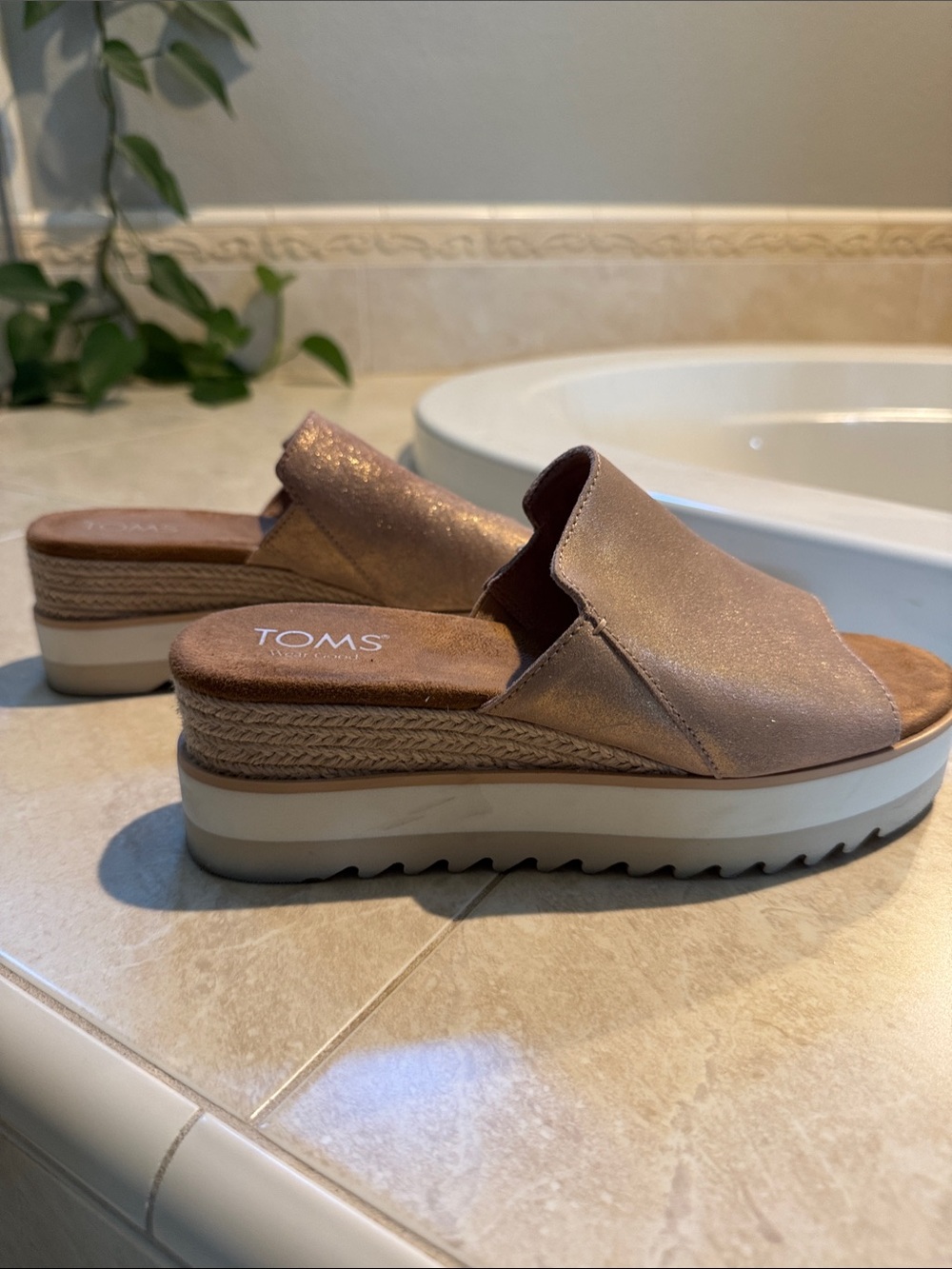 TOMS Metallic Rose Gold Slip-On Platform Mules